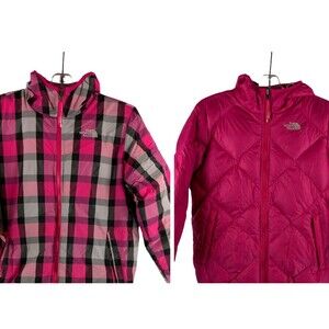 The North Face Girls Puffer Jacket 550 Goose Down Moondoggy Reversible Pink L